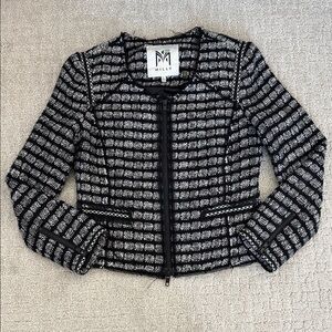 Milly Italian Tweed Zip-Front Jacket black white zipper lady